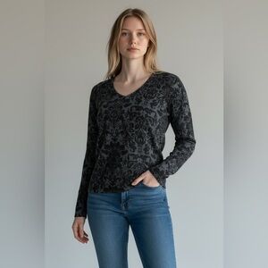 GAP Factory Women’s Damask V-Neck Sweater Gray Black Small Stretch Knit